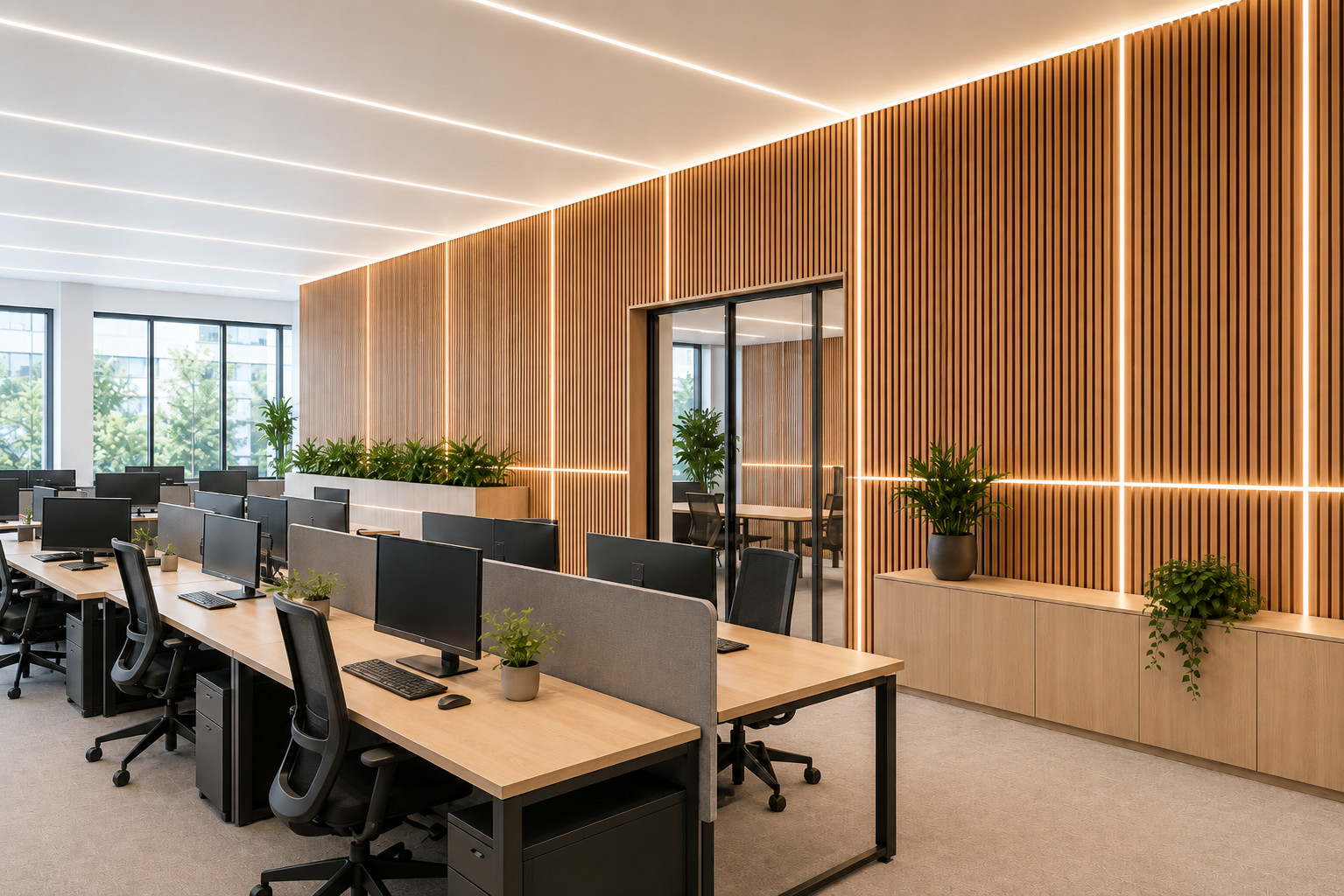 Warm white LED accent lighting integrated into acoustic wood slat wall panels in an open plan office